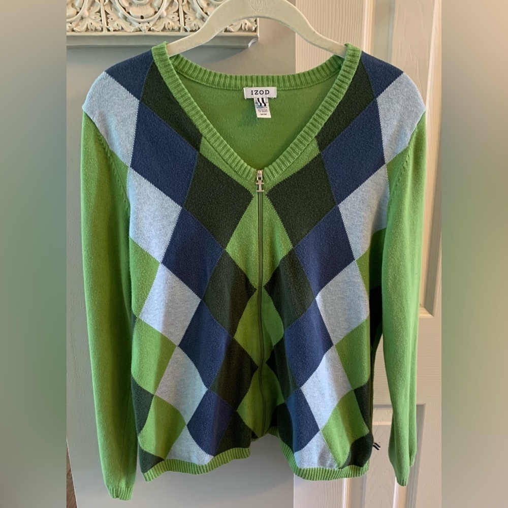 Izod 90’s Vintage Women's V-Neck Argyle Cardigan - Green and Blue